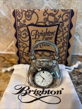 Vintage Brighton Silver Floral Handbag Table Clock with Bag and Box